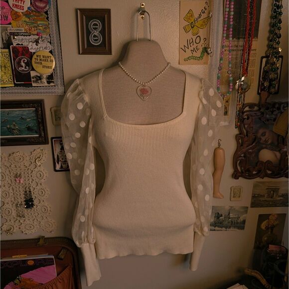 Mesh Polka Dot Balloon Puff Sleeve Sweater Women's Medium/Large Cream Ribbed - Picture 1 of 6